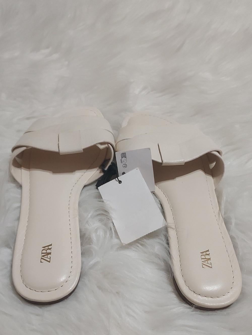 Zara Leather  Cream Crossed Straps Slide Sandals Sz-40/9 - Picture 7 of 8